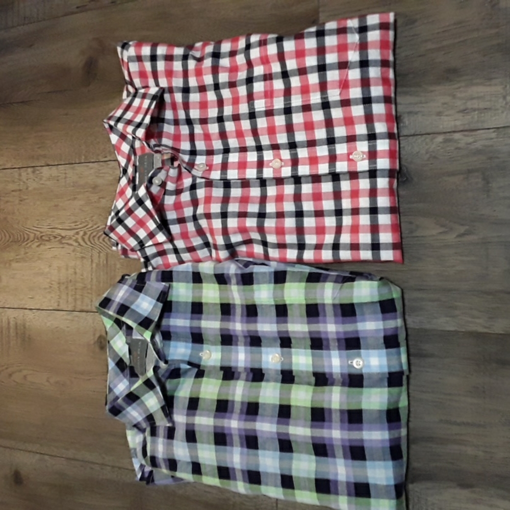 Set of 2 Thomas Dean Short Sleeve Botton Down Plaid Shirts M